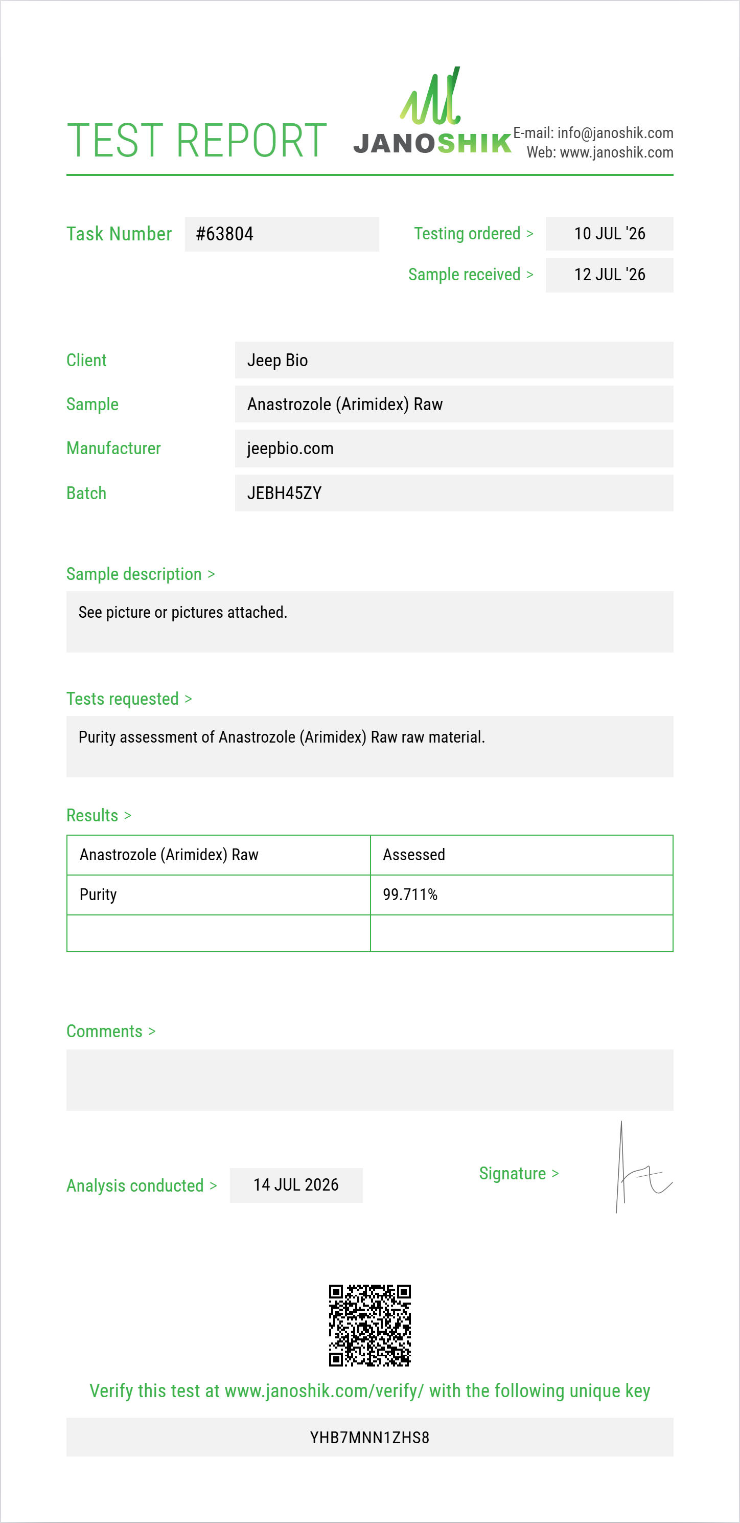 Anastrozole (Arimidex) Raw Purity (HPLC) report by Janoshik Analytical