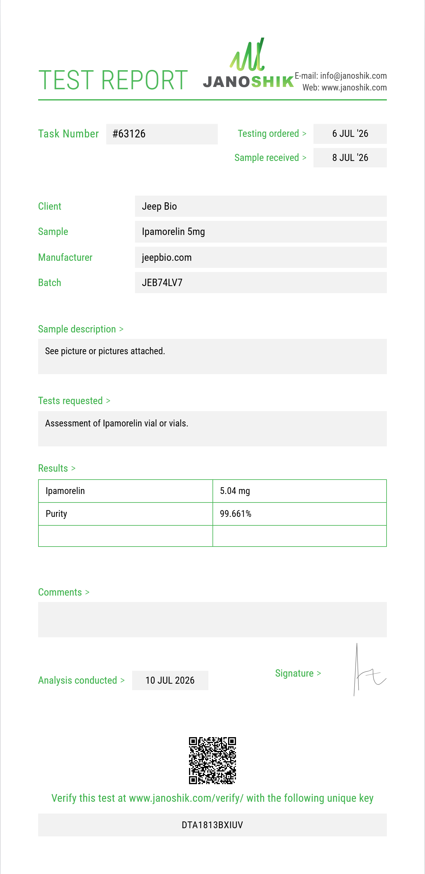 Ipamorelin Purity (HPLC) report by Janoshik Analytical