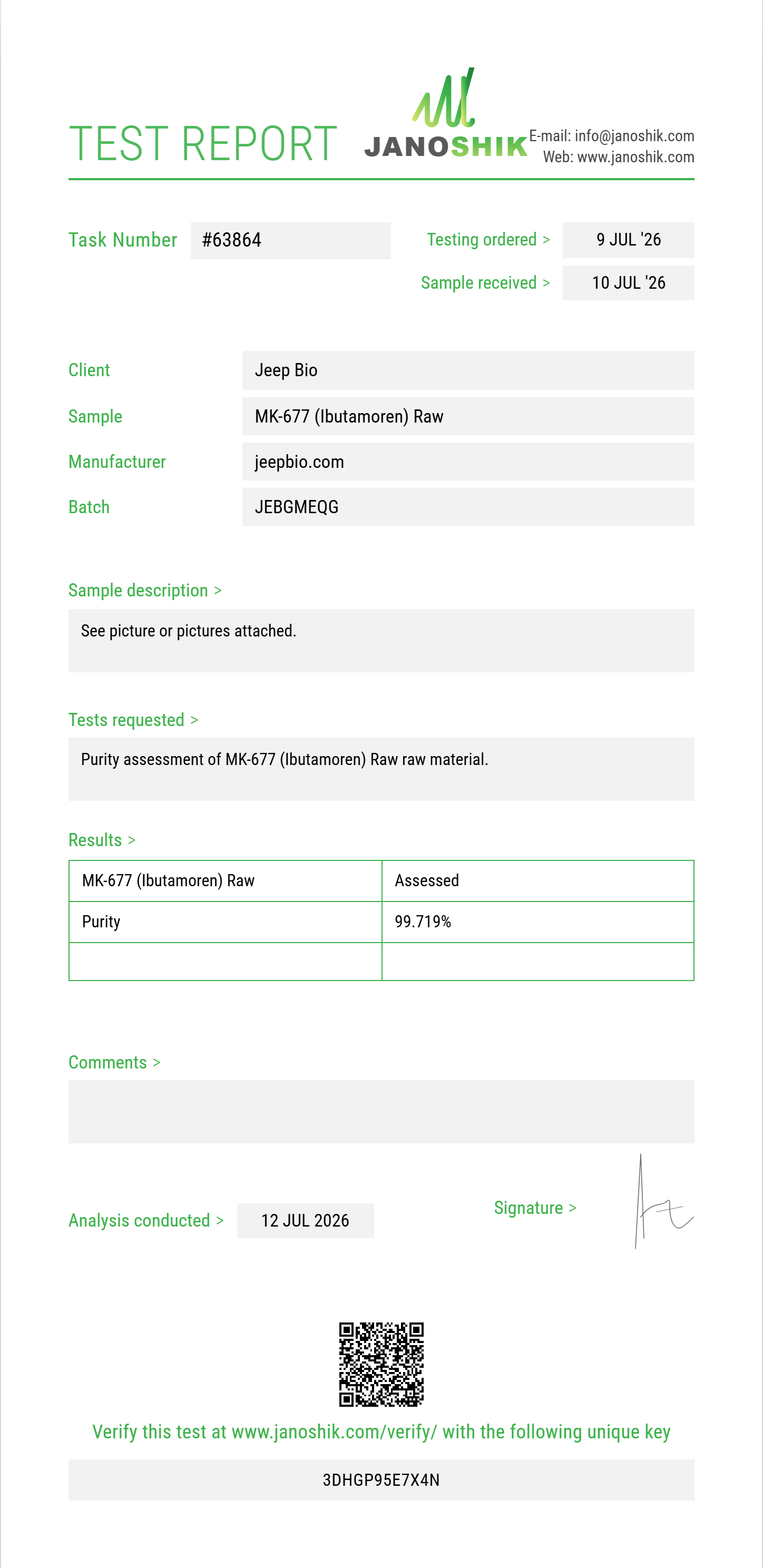 MK-677 (Ibutamoren) Raw Purity (HPLC) report by Janoshik Analytical
