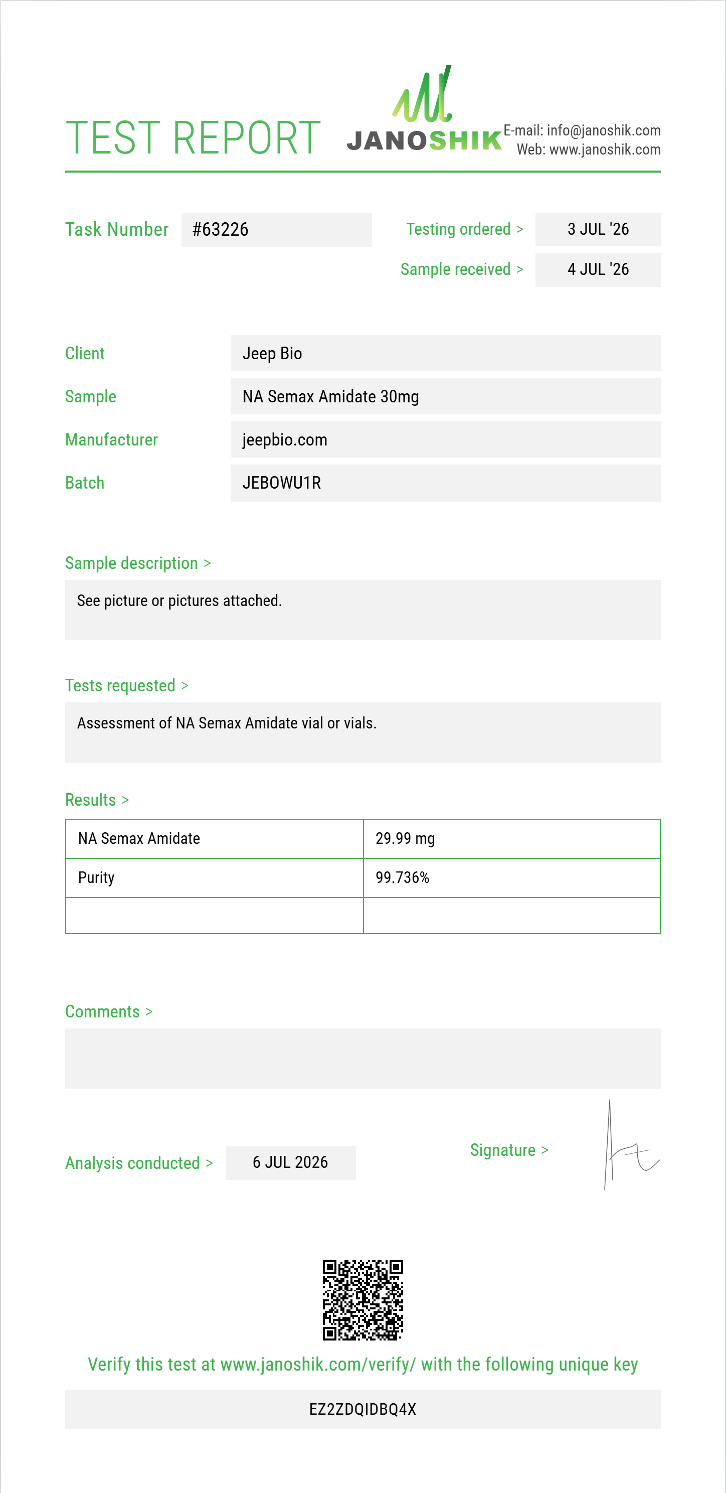 NA Semax Amidate Purity (HPLC) report by Janoshik Analytical