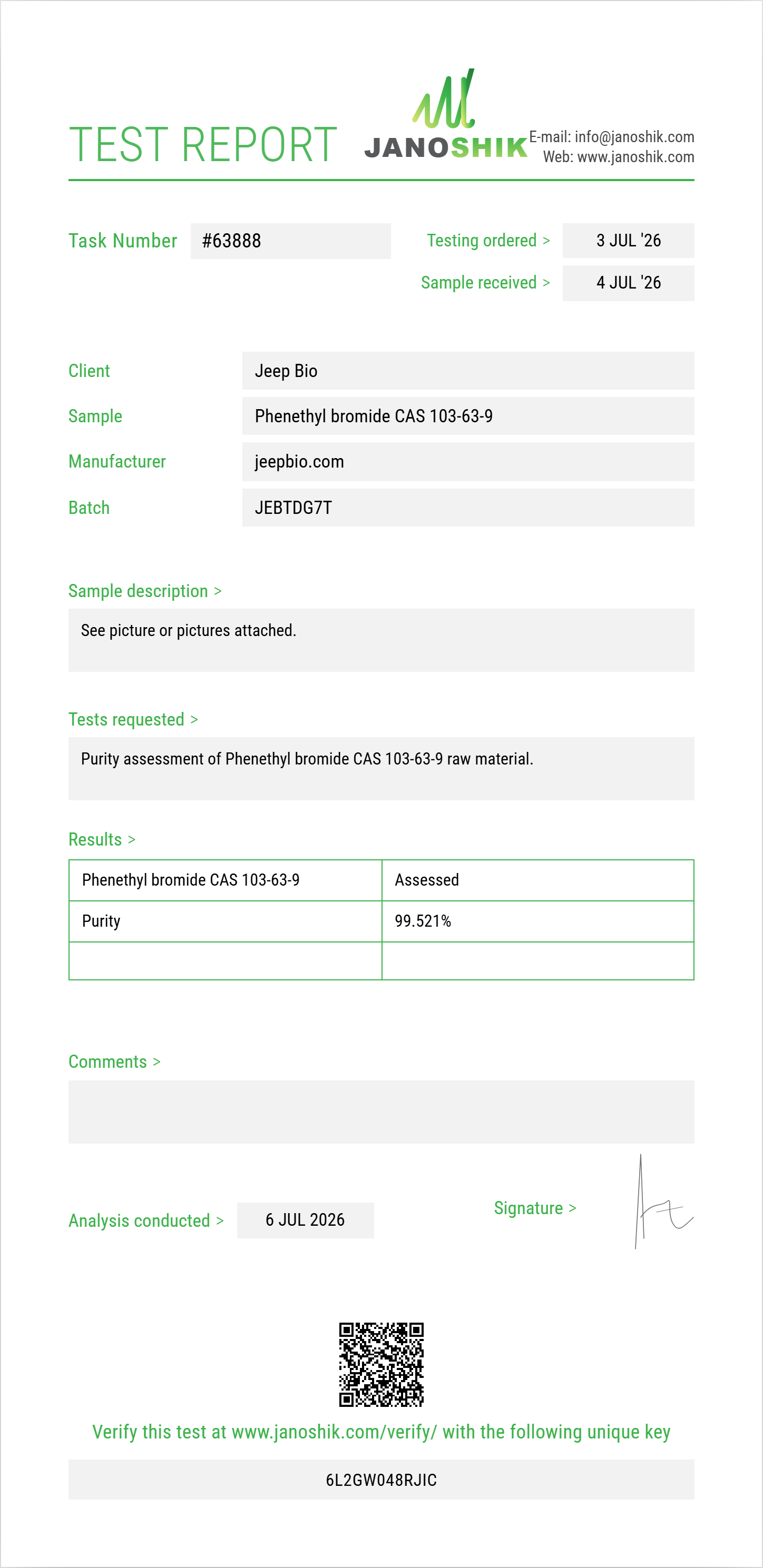 Phenethyl bromide (2-bromoethylbenzene) CAS 103-63-9 Purity (HPLC) report by Janoshik Analytical