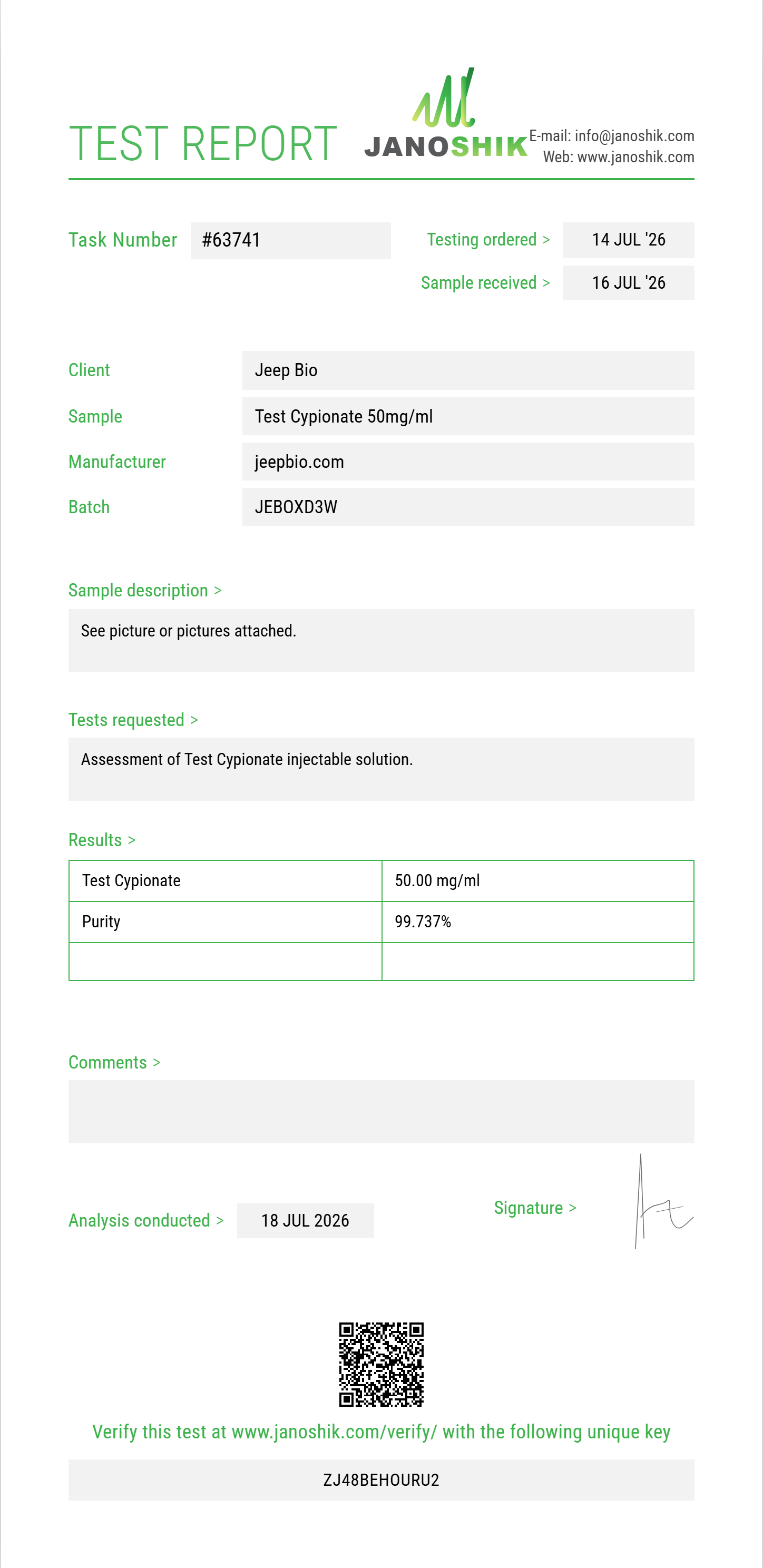 Test Cypionate Purity (HPLC) report by Janoshik Analytical