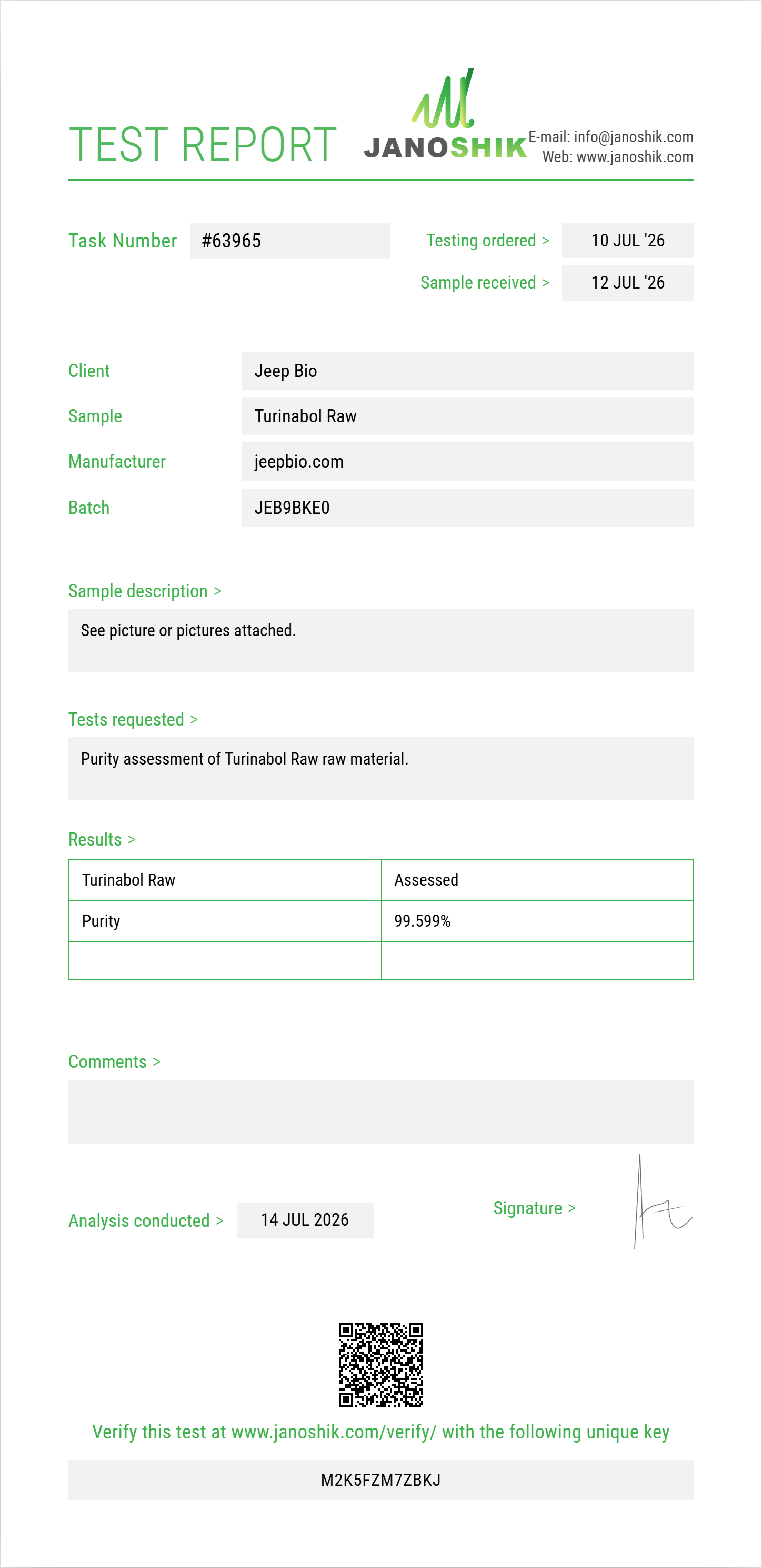 Turinabol Raw Purity (HPLC) report by Janoshik Analytical