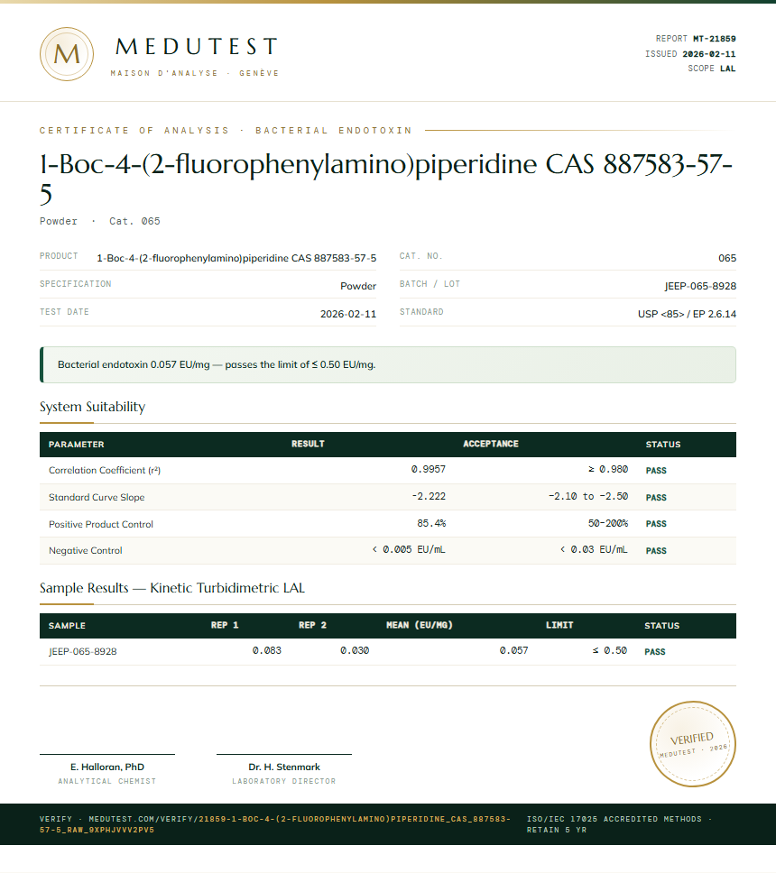 1-Boc-4-(2-fluorophenylamino)piperidine CAS 887583-57-5 Endotoxin report by Medu Laboratories