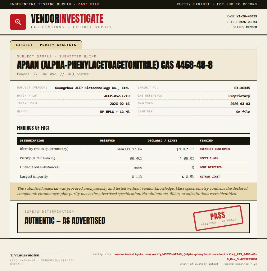 APAAN (alpha-phenylacetoacetonitrile) CAS 4468-48-8 Purity (HPLC) report by VendorInvestigator