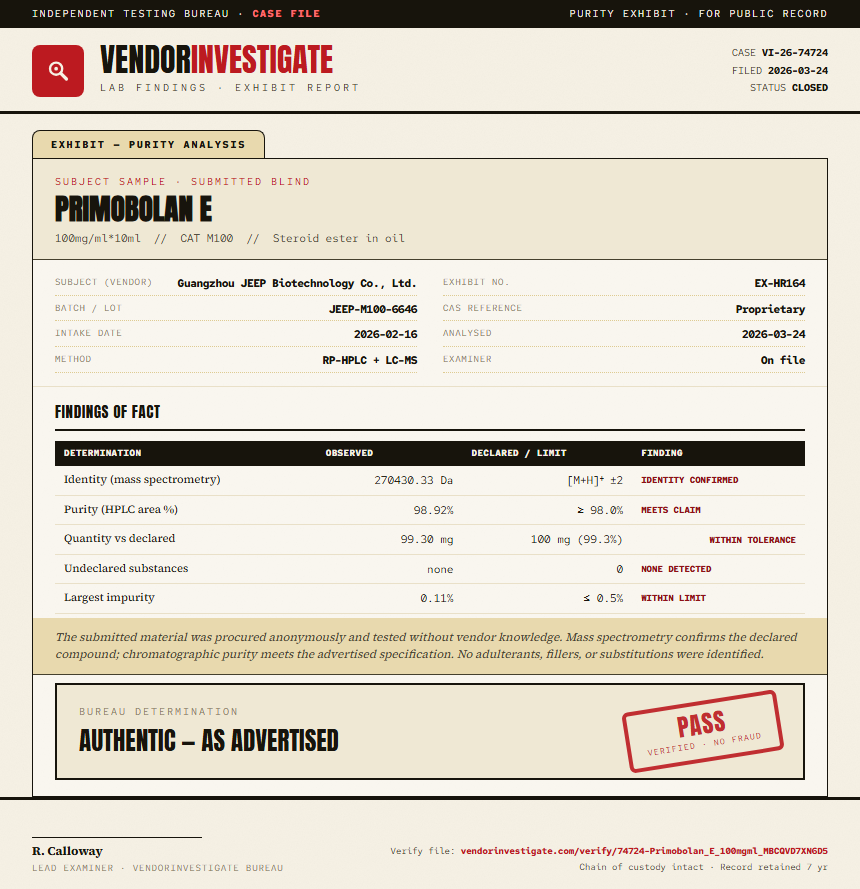 Primobolan E Purity (HPLC) report by VendorInvestigator
