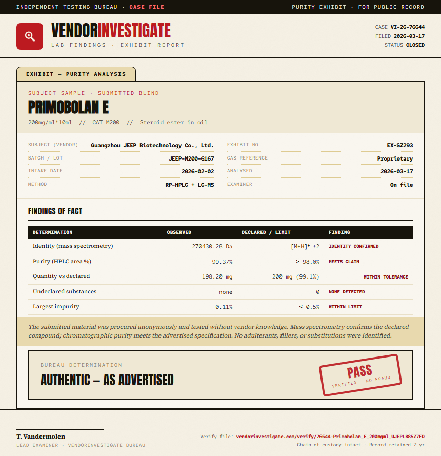 Primobolan E Purity (HPLC) report by VendorInvestigator