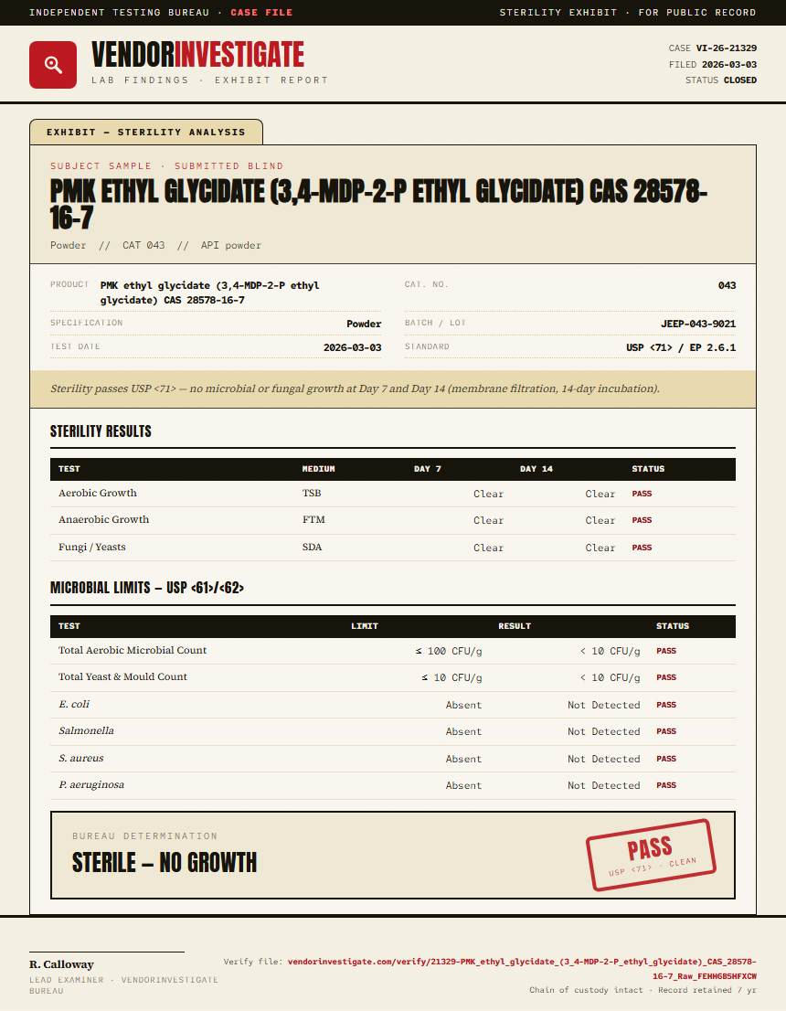 PMK ethyl glycidate (3,4-MDP-2-P ethyl glycidate) CAS 28578-16-7 Sterility report by VendorInvestigator